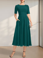 Vestido de gasa para madre de la novia, corte A, escote redondo, largo hasta la rodilla, con apliques de encaje y lentejuelas