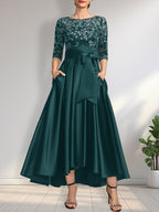 Vestido de madre de la novia de encaje satinado asimétrico con ilusión de corte A y lazo