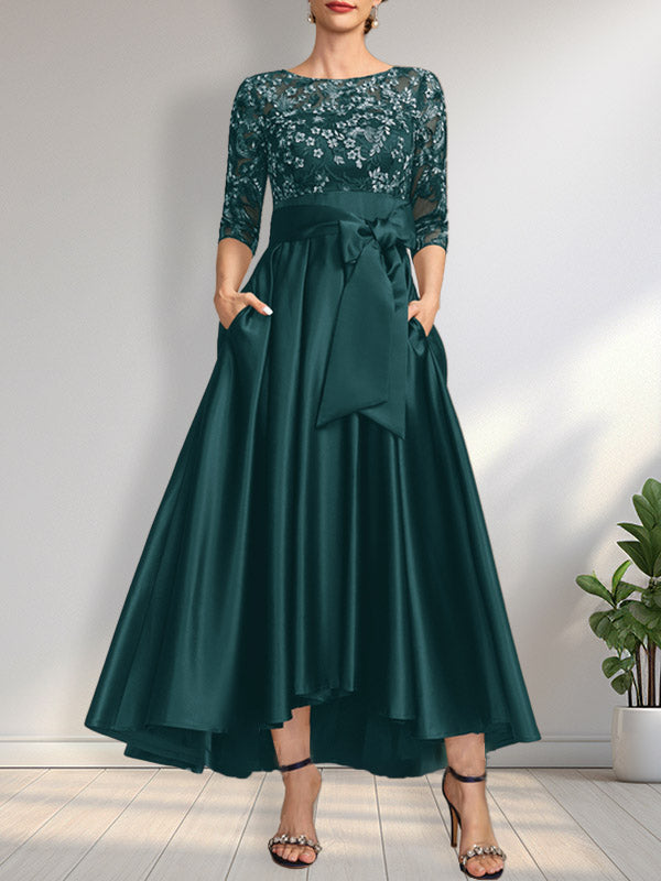 Vestido de madre de la novia de encaje satinado asimétrico con ilusión de corte A y lazo