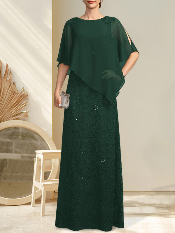 Vestido de madre de la novia de gasa con encaje, escote redondo y largo hasta el suelo, con lentejuelas y abalorios