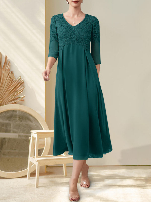 Vestido de gasa con encaje y escote en V, largo hasta la rodilla, para madre de la novia con cuentas