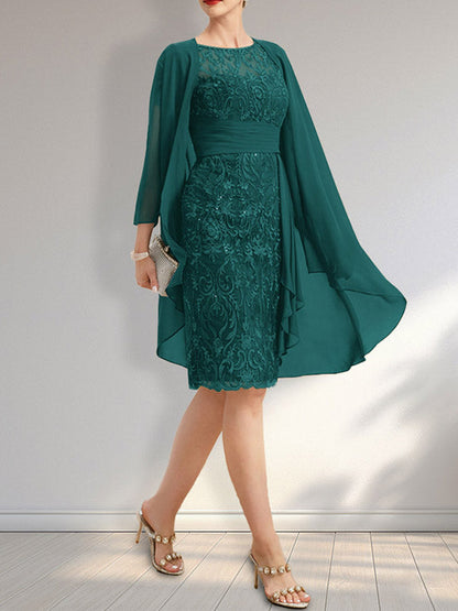 Vestido de madre de la novia de gasa con encaje, escote redondo, ilusión, largo hasta la rodilla, con volantes en cascada y lentejuelas
