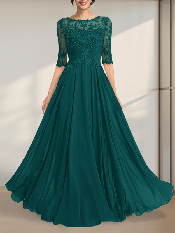 Vestido de gasa de encaje con escote en A y ilusión hasta el suelo para madre de la novia con lentejuelas plisadas