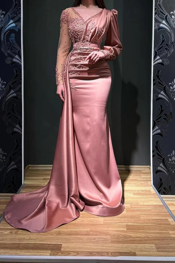Langärmliges Meimaid-Ballkleid aus Satin in Bodenlänge mit Perlen