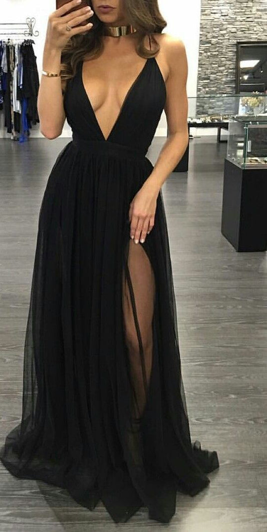 Vestidos de fiesta negros, vestidos de fiesta de gasa, vestidos de fiesta de corte A, vestidos de noche, vestidos de fiesta, vestidos de fiesta con abertura para adolescentes Y1248