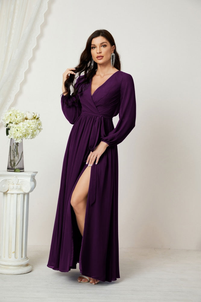 Vestidos de noche Sunnderly con escote en V profundo, gasa, para dama de honor, manga larga de obispo, abertura lateral, vestido formal SY2806 