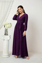 Vestidos de noche Sunnderly con escote en V profundo, gasa, para dama de honor, manga larga de obispo, abertura lateral, vestido formal SY2806 