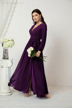 Vestidos de noche Sunnderly con escote en V profundo, gasa, para dama de honor, manga larga de obispo, abertura lateral, vestido formal SY2806 