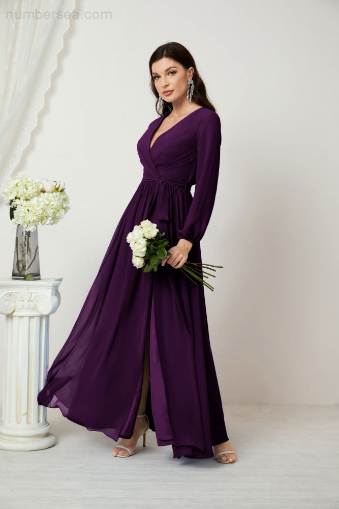 Vestidos de noche Sunnderly con escote en V profundo, gasa, para dama de honor, manga larga de obispo, abertura lateral, vestido formal SY2806 