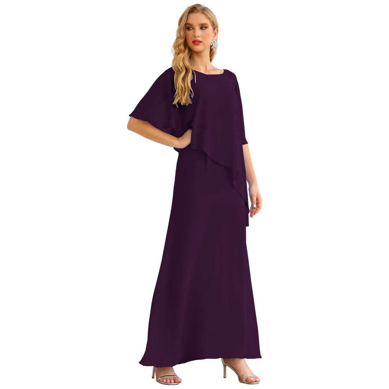 Sunnderly Chiffon-Kleid für die Brautmutter in Übergröße, formelles Ballkleid mit Rüschenumhang