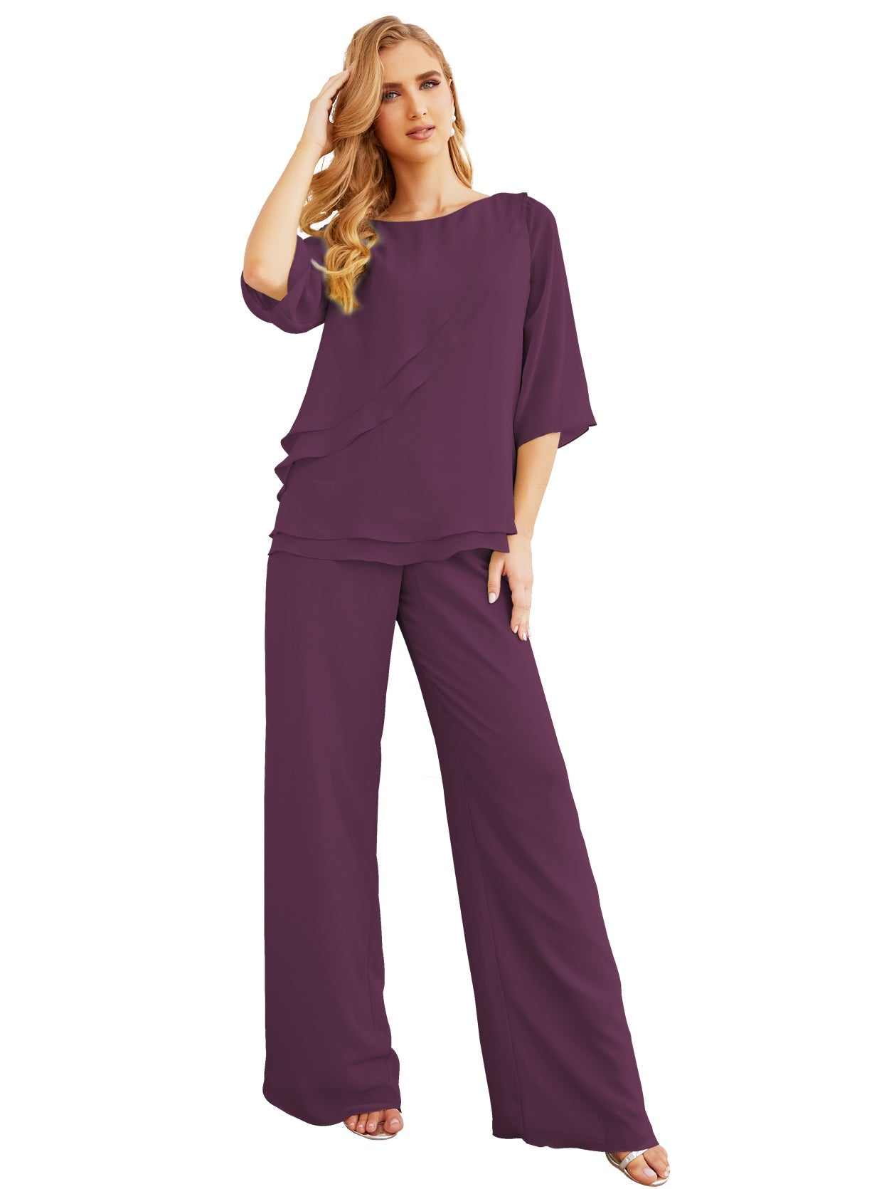Elegante vestido de dos piezas para madre de la novia, talla grande, pantalón, capas con volantes, bata plateada SY28064 