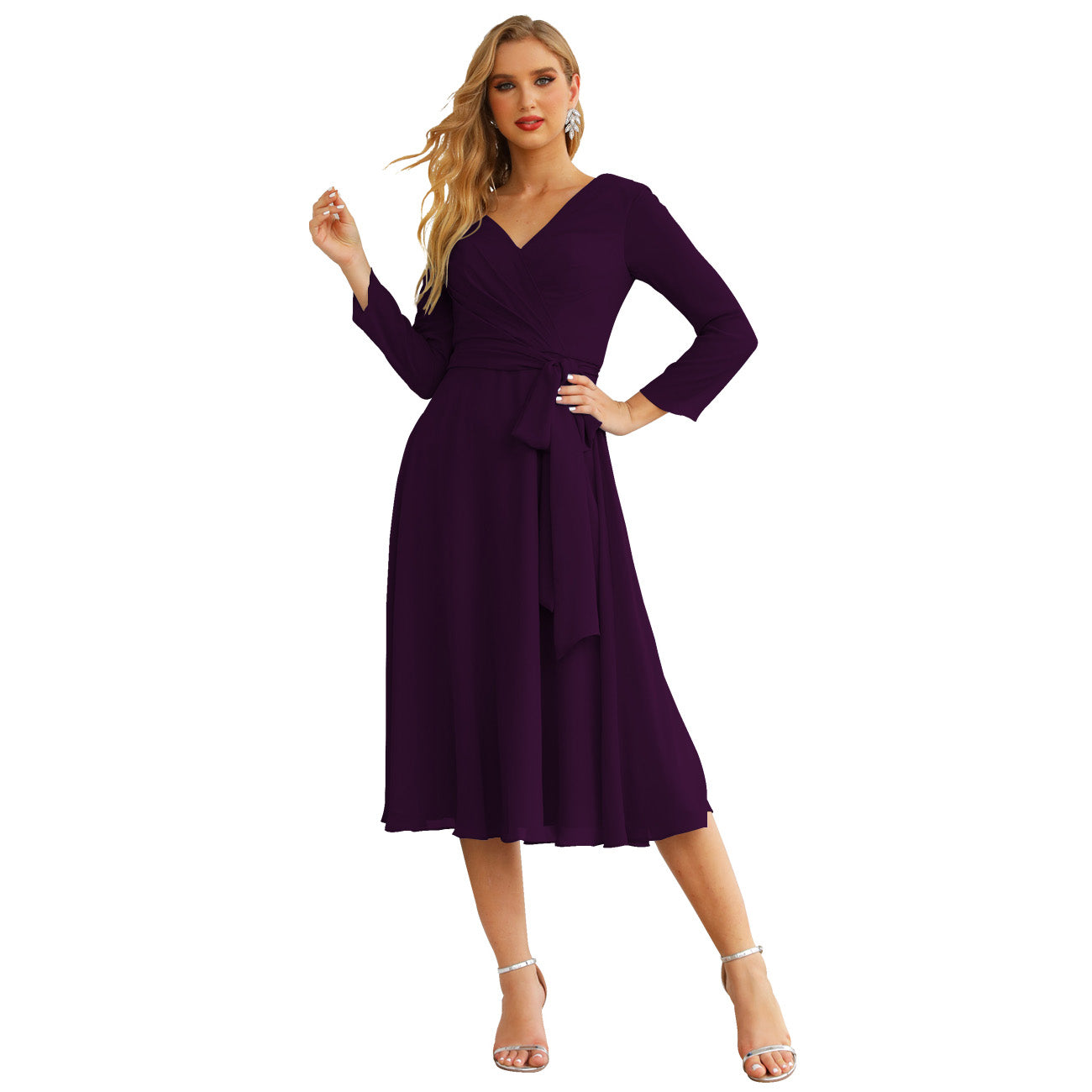 Sunnderly Chiffon Bridesmaid Dress V-Back Waist Belt Formal Prom Gown Mother of The Bride Wedding Guest
