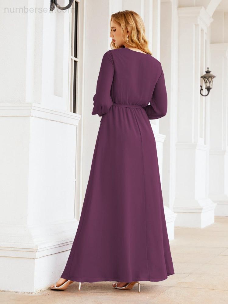 Sunnderly Women's Chiffon Bridesmaid Dress A line Long Sleeves Formal Evening Prom Gown for Wedding Guest SY28032