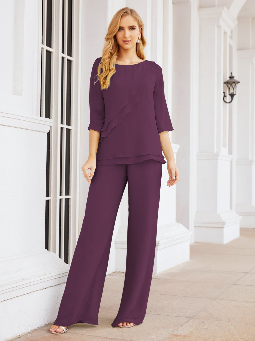 Elegante vestido de dos piezas para madre de la novia, talla grande, pantalón, capas con volantes, bata plateada SY28064 