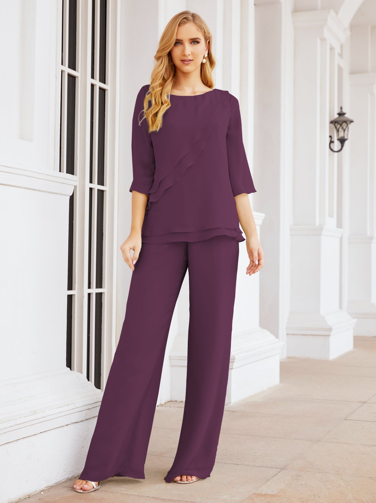 Elegante vestido de dos piezas para madre de la novia, talla grande, pantalón, capas con volantes, bata plateada SY28064 