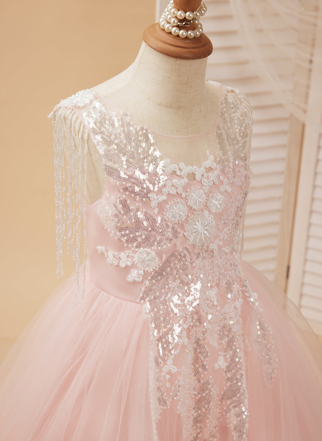 Duchesse-Linie/Princess-Linie Satin Tüll Bodenlang Rosa Blumenmädchenkleid 