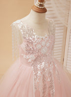 Duchesse-Linie/Princess-Linie Satin Tüll Bodenlang Rosa Blumenmädchenkleid 