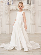 A-Linie Prinzessin Ärmelloses Satin Blumenmädchenkleid mit Schleppe und Schleife 