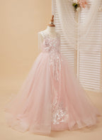 Duchesse-Linie/Princess-Linie Satin Tüll Bodenlang Rosa Blumenmädchenkleid 