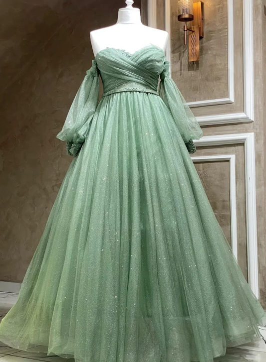 Vestido de noche largo verde esmeralda con mangas abullonadas y tul verde brillante Y7981
