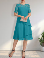 Vestido de gasa con encaje y lentejuelas para madre de la novia, corte A, escote ilusión, largo hasta la rodilla