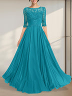 Vestido de gasa de encaje con escote en A y ilusión hasta el suelo para madre de la novia con lentejuelas plisadas
