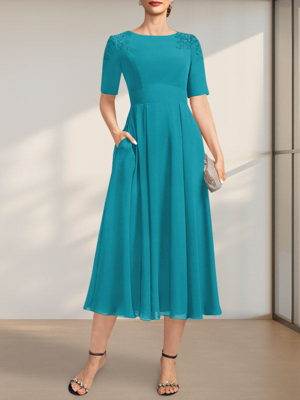 Vestido de gasa para madre de la novia, corte A, escote redondo, largo hasta la rodilla, con apliques de encaje y lentejuelas