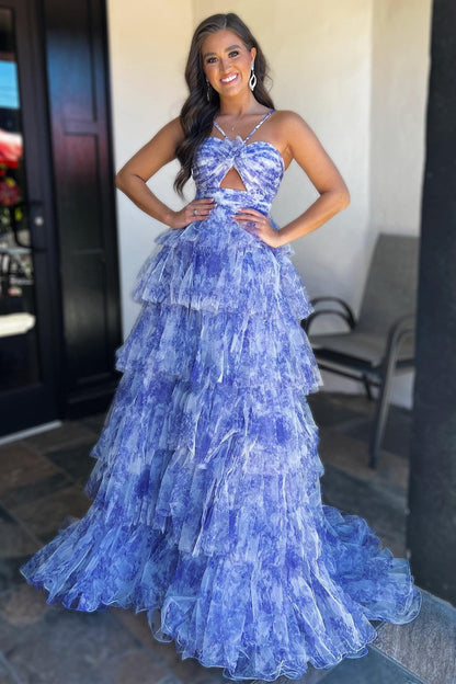 Emmeline| Vestido de fiesta largo con escote halter, abertura en la cerradura, volantes y estampado azul
