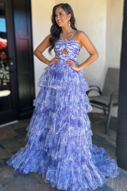 Emmeline| Vestido de fiesta largo con escote halter, abertura en la cerradura, volantes y estampado azul