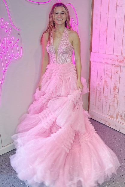 Tulle Appliques Halter Ruffle Tiered Ball Gown