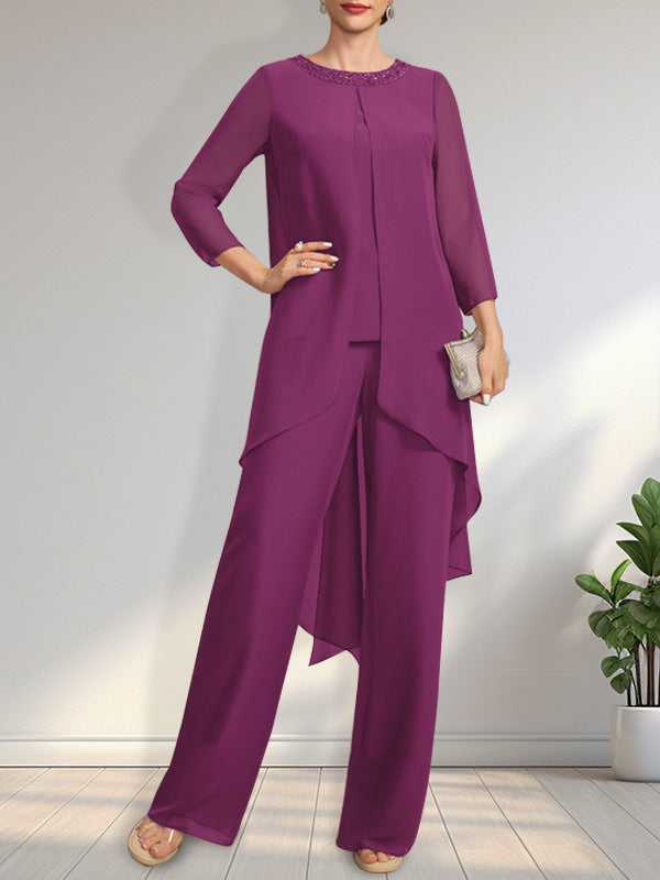 Vestido de gasa para madre de la novia con lentejuelas y abalorios, largo hasta el suelo y mono/pantalón separado