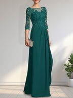Vestido de gasa para madre de la novia con encaje, corte A, escote redondo, ilusión, largo hasta el suelo, con lentejuelas y abalorios y volantes en cascada