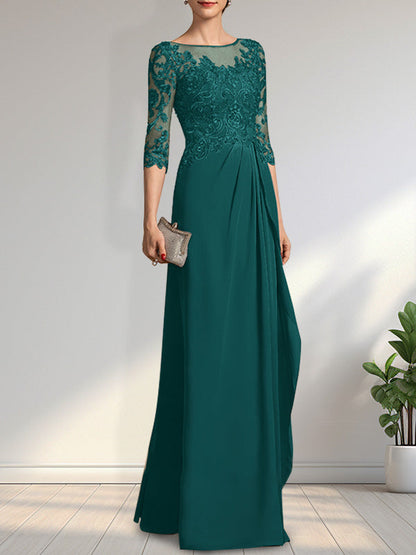 Vestido de gasa para madre de la novia con encaje, corte A, escote redondo, ilusión, largo hasta el suelo, con lentejuelas y abalorios y volantes en cascada