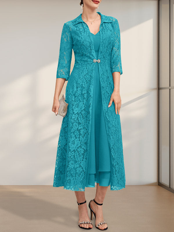A-Linie V-Ausschnitt Wadenlanges Chiffonkleid für die Brautmutter