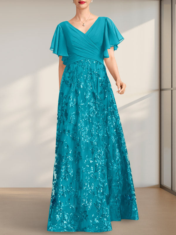Vestido de madre de la novia de gasa con lentejuelas, encaje, escote en V y largo hasta el suelo, con pliegues