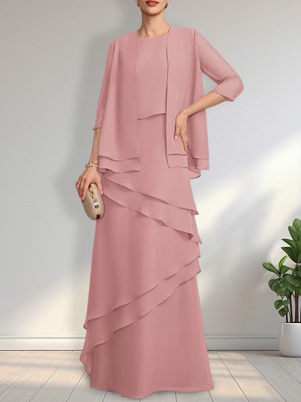 Vestido de gasa para madre de la novia con escote redondo y largo hasta el suelo