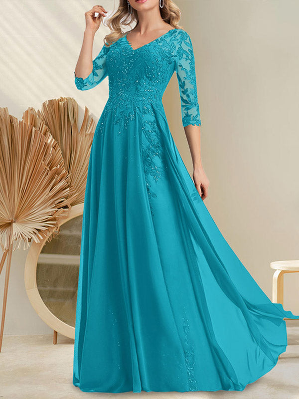 Vestido de madre de la novia de gasa con encaje, escote en V y lentejuelas, largo hasta el suelo