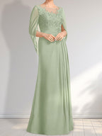 Vestido de gasa con encaje, ilusión, corte A, largo hasta el suelo, para madre de la novia con lentejuelas plisadas