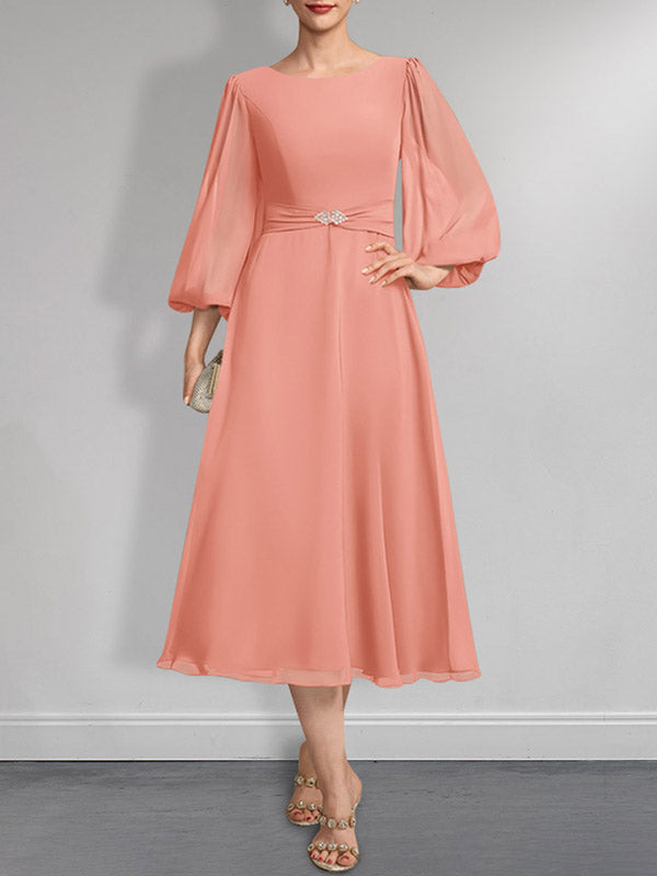 Vestido de gasa para madre de la novia, corte A, escote redondo, largo hasta la rodilla, plisado, con broche de cristal
