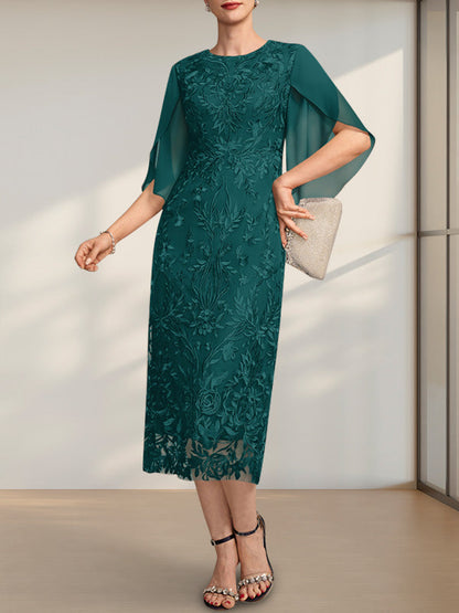 Sheath/Column Scoop Tea-Length Lace Chiffon Mother of the Bride Dress