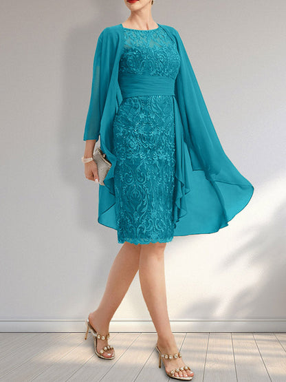 Vestido de madre de la novia de gasa con encaje, escote redondo, ilusión, largo hasta la rodilla, con volantes en cascada y lentejuelas