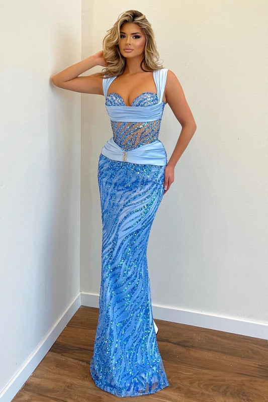 Atemberaubendes langes Meerjungfrau-Ballkleid aus Tüll mit Paillettenträgern