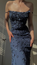 Vintage Marineblau Spaghettiträger Applikationen Ballkleid Meerjungfrau Geburtstag Outfits Abendkleid Y7456