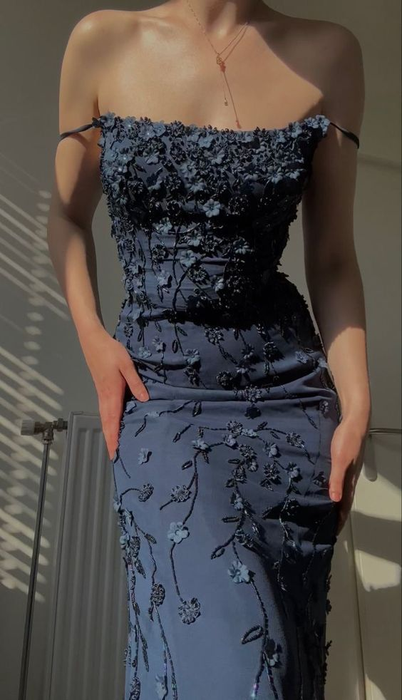 Vintage Marineblau Spaghettiträger Applikationen Ballkleid Meerjungfrau Geburtstag Outfits Abendkleid Y7456