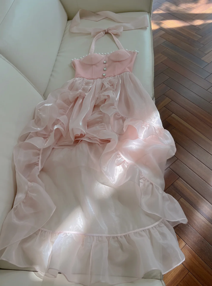 Einfaches Neckholder Rosa Tüll Perlen Perlen High-Low Rüschen Homecoming Kleid Partykleid Y8582
