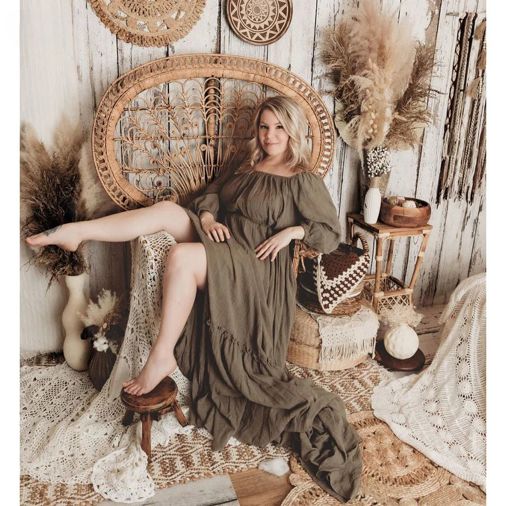 Vestido de maternidad de algodón con hombros descubiertos, mangas largas y cuello redondo para sesión de fotos, baby shower, para embarazadas, Sunnderly 2025 