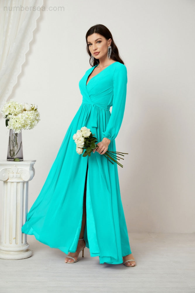 Vestidos de noche Sunnderly con escote en V profundo, gasa, para dama de honor, manga larga de obispo, abertura lateral, vestido formal SY2806 