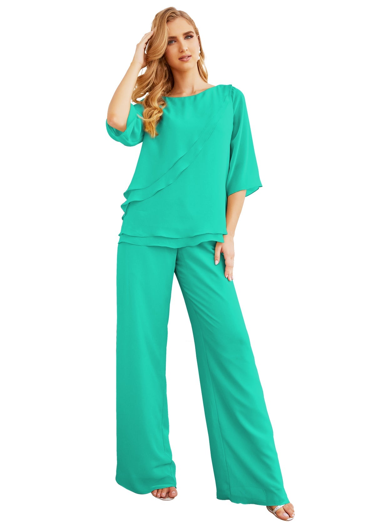Elegante vestido de dos piezas para madre de la novia, talla grande, pantalón, capas con volantes, bata plateada SY28064 