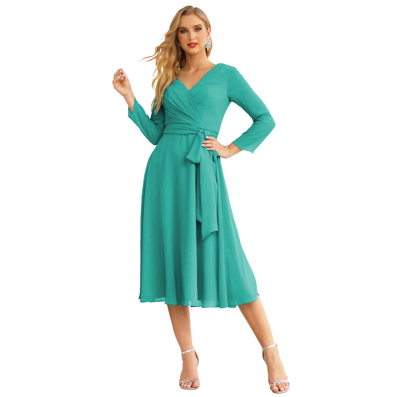 Sunnderly Chiffon Bridesmaid Dress V-Back Waist Belt Formal Prom Gown Mother of The Bride Wedding Guest