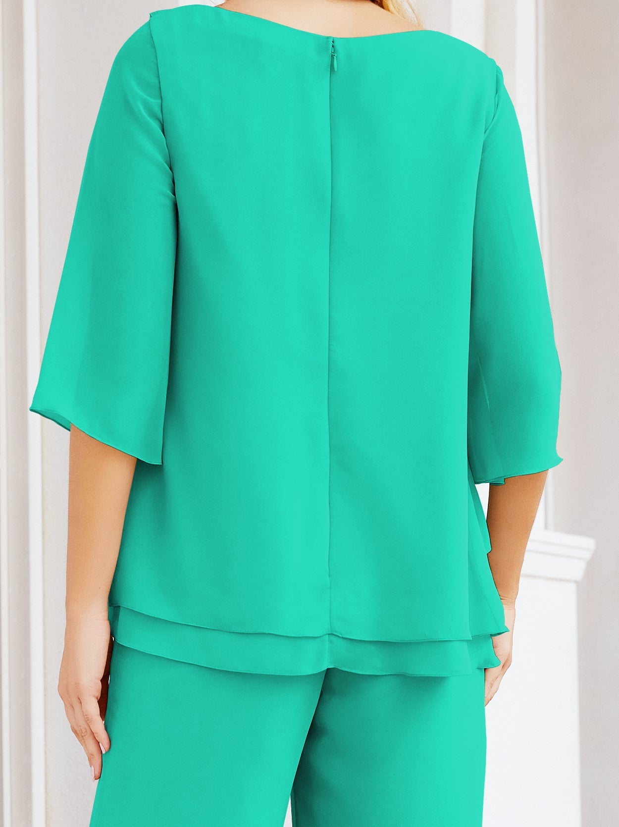 Elegante vestido de dos piezas para madre de la novia, talla grande, pantalón, capas con volantes, bata plateada SY28064 